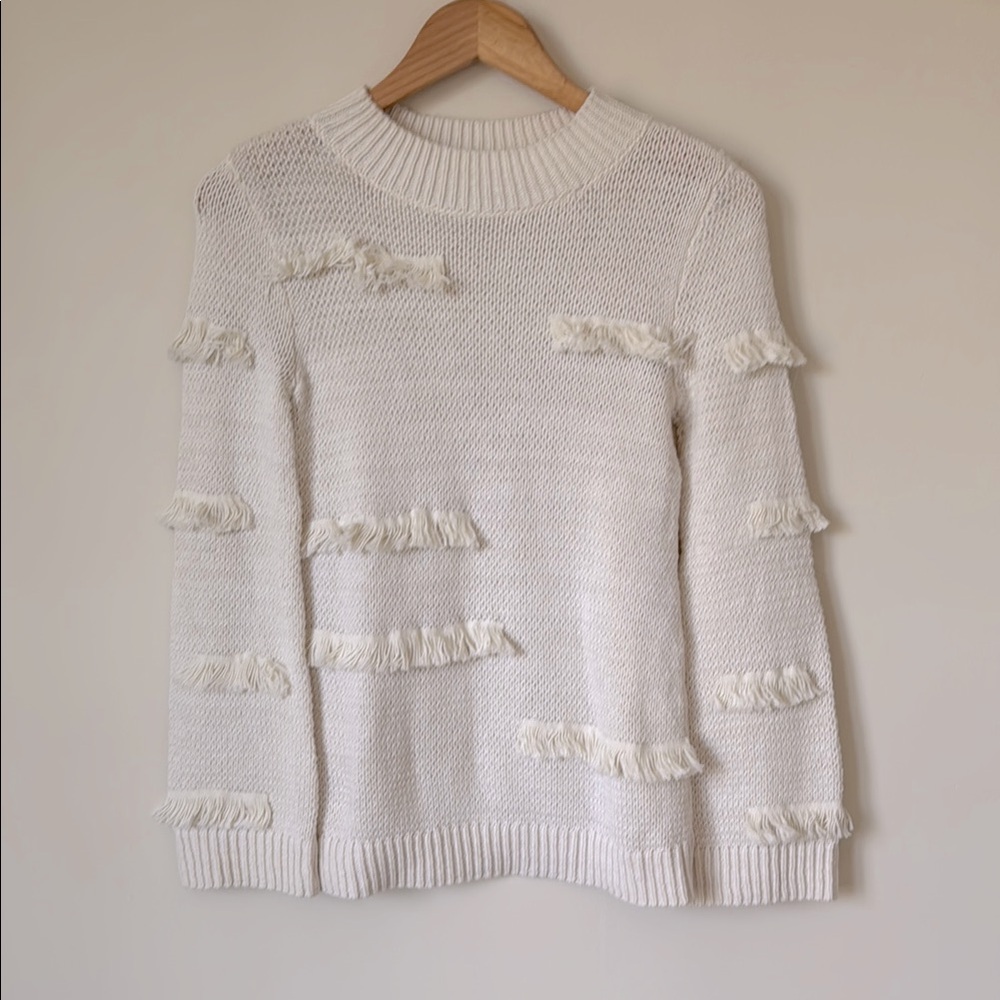 🟢 5/$25 LOFT | Eyelash Fringe Mock Neck Knitted Sweater in Cream | Size XS